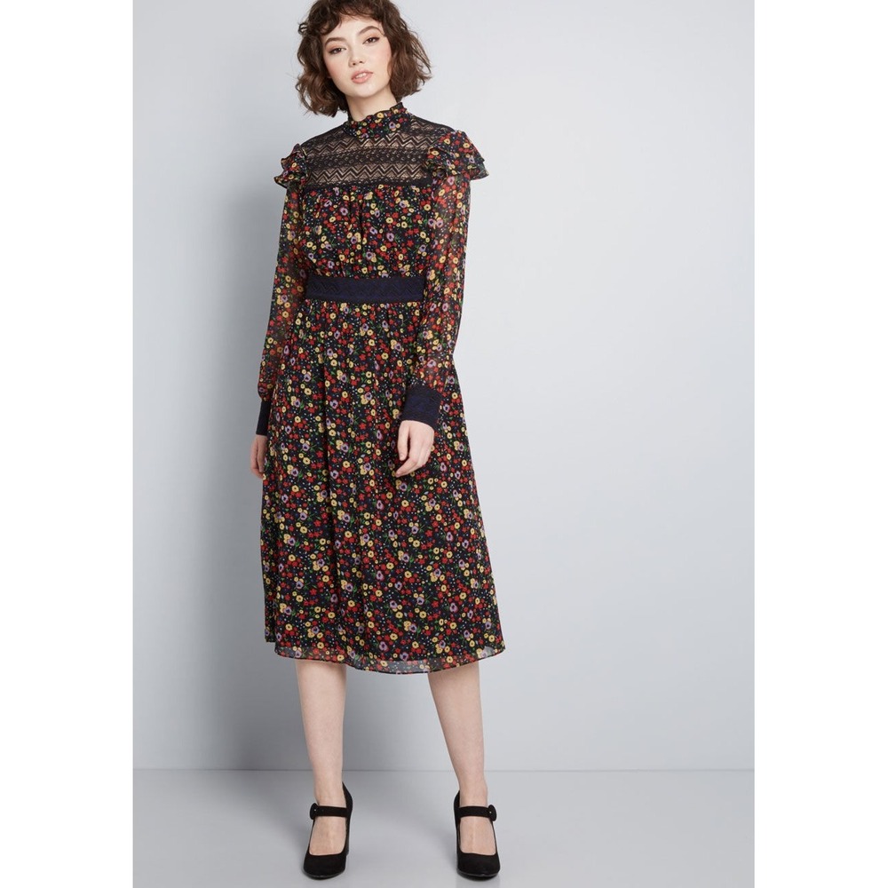 ModCloth x Anna Sui Floral Print Lace High Neck Midi Dress Black Women's Size 16